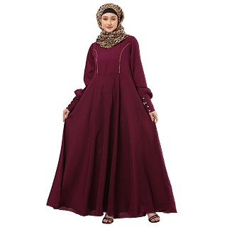 Umbrella cut abaya with long cuff sleeves- Wine Berry